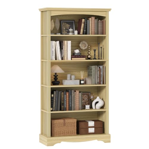 TVU 5-Tier Wooden Bookshelf, 65 Inch Tall Bookshelf with Storage, Floor Standing Modern Style Display Bookcase for Living Room, Office, Study Room, Entryway, Natural Wood Color - color: Natural Wood Color, size: 5 Tier
