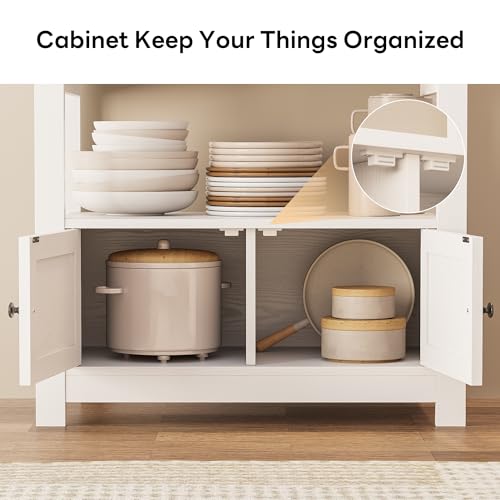 LIKIMIO Baker Rack with Spill-Safe Power Outlet & Drawer, White | Coffee Bar Cabinet with Storage, Farmhouse Microwave Stand with Hutch and 5 Hooks for Kitchen - color: White