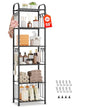 PouHenier.jh 6 Tier Tall Metal Narrow Skinny Shelf Free Standing for Bathroom, Thin Shelving Unit for Pantry or Kitchen, Slim Open Tower Rack with 10 Hooks, Space Saving and No Tools Assembly (Black)