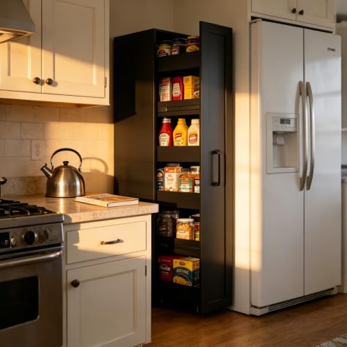 Narrow Pull-out Storage Cabinet on Wheels, 12 inch Black Pantry Cabinet | 71'' Tall, Slim Shelf, Rolling Cart 6-Tier, Next to Fridge, Skinny Spice Rack for Kitchen, Laundry Room - color: Black 12'' Plus, size: 12'' w