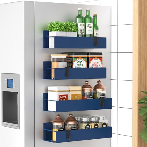 Metal Magnetic Spice Rack for Refrigerator Royal Blue, 4 Pack | Magnetic Shelves Heavy Duty for Fridge in Kitchen, Seasoning Storage Organizer, For Oven Washer and Dryer, For Heavier Items - color: Royal Blue, size: 4 Pack
