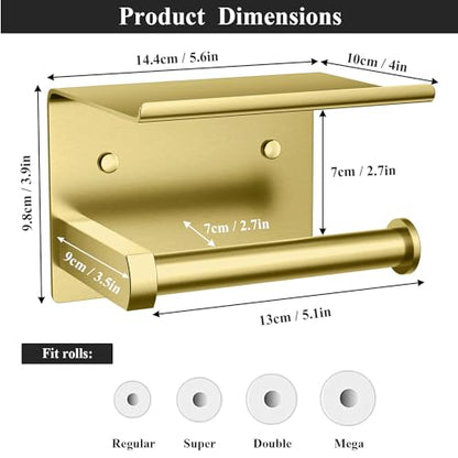 Tindbea Toilet Paper Holder with Phone Shelf, Adhesive or Screw Wall Mount Toilet Tissue Roll Holder, Rustproof & Multifunctional Stainless Steel Bathroom Storage Dispenser (Brushed Gold) | Heavy Duty Stainless Steel Brushed Gold - color: E-brushed Gold