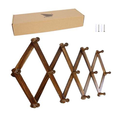 AMAPON Accordion Style Expandable Wall Wooden Coat Rack 13 Hooks (Pegs) Hang Hats Jackets Coffee Mug Purses Necklaces Towels Cap Leash Scarves Data Line Kitchenware (Walnut) - color: Walnut, size: 1 Pack