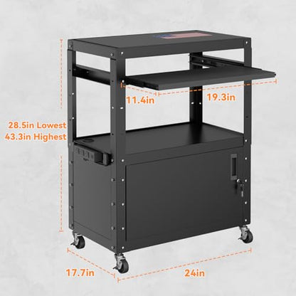 Mobile AV Cart, Adjustable Height Rolling Computer Cart with Pullout Keyboard Tray – Locking Cabinet, 3 Outlets & 2 USB Ports, Lock Brake Casters–Media Utility Cart on Wheels for Home/Office - size: Style 1 18"D x 24"W x 43.3"H