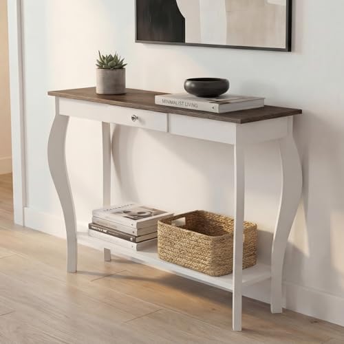 ChooChoo Narrow Farmhouse Console Table with Drawer, Chic Accent Sofa Entryway Table with Shelves for Entryway, Living Room, Hallway, Soft White - color: Soft White, size: 11.8"D x 39.3"W x 31.4"H