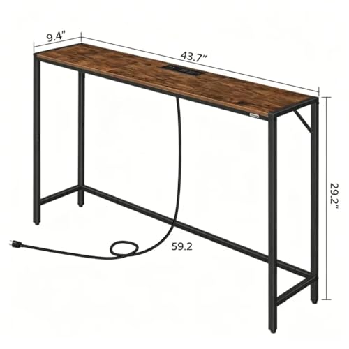 MAHANCRIS Console Table, Narrow Sofa Table, 43.7” Entrance Table with Power Station, Behind Couch Table, Simple Style, for Living Room, Hallway, Entryway, Foyer, Rustic Brown and Black CTHR112E01 - color: Rustic Brown, Black