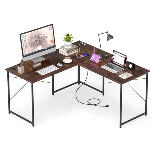 Giantex L Shaped Computer Desk, 59 Inch Reversible Corner Desk with Power Outlet and USB Ports & Monitor Stand, Wooden Writing Desk Gaming Table for Home Office Room Small Space (Rustic Brown) - color: Rustic Brown
