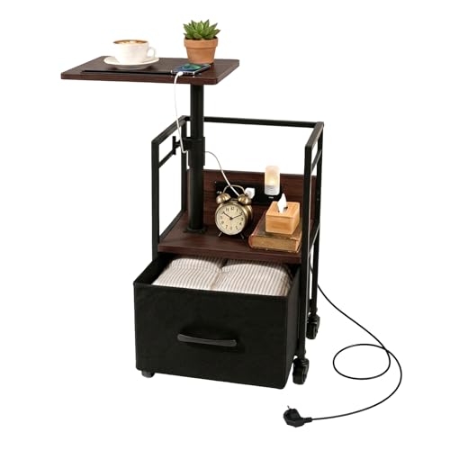Small Bedside Table with Charging Station, Rolling Side Table with Wheels, Small Nightstand with Drawer Storage for Bedroom - Black Walnut Look - color: Black Walnut