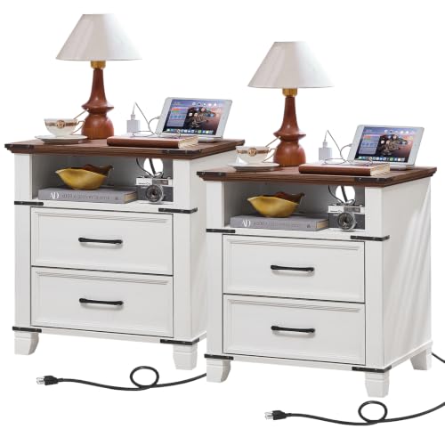 22" Farmhouse Nightstand Set of 2 with Charging Station,End Table with 2 Drawers,Rustic Wood Dresser for Bedroom,Bed Side Table Chest of Drawers Cabinet,Night Stand for Living Room,White - color: White