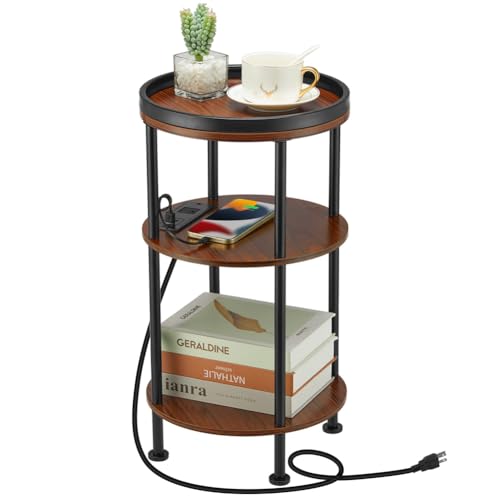 Small Round Side Table with Charging Station for Small Spaces, 3-Tier Accent Table with USB Ports & Power Outlets, Sofa Corner Tea Table for Living Room Nightstand Bedroom Apartment (USB, Cherry) - color: Cherry, style: USB Charger
