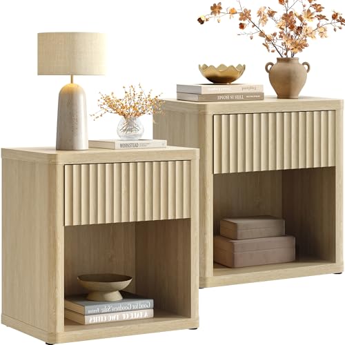 SICOTAS Night Stand Set 2 with Large Drawer 24" Tall Fluted Modern Nightstands Wide Bedside Table for Bedroom Sofa Office, Nightstand with Spacious Storage Minimalist Design, Easy Assembly - color: Coastal Oak, size: 2 Pieces