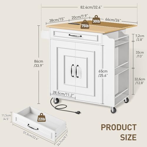RALGEND Kitchen Island with Power Outlets & Drop Leaf, Rolling Kitchen Cart on Wheels, Kitchen Storage Island with Spice Rack and Drawer, Mobile Island Table for Kitchen, Dinning, White and Natural - color: White + Natural