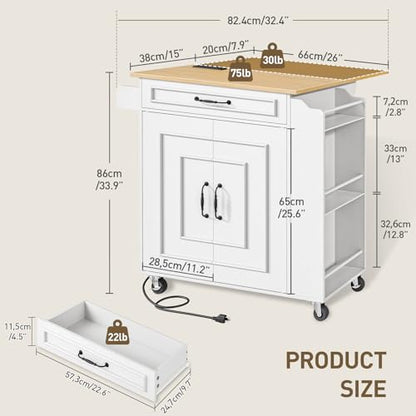RALGEND Kitchen Island with Power Outlets & Drop Leaf, Rolling Kitchen Cart on Wheels, Kitchen Storage Island with Spice Rack and Drawer, Mobile Island Table for Kitchen, Dinning, White and Natural - color: White + Natural