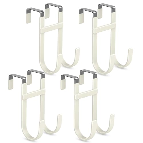 FYY Over the Door Hooks, Double-Hanger 4 Pack, Fits Doors 1 3/8" Beige | Heavy Duty Metal, Hold 100lbs, Rubber-Coated, No-Drilling, for Bathroom Dorm, Hanging Clothes Towels Bags Ironing Board Robe - color: Beige, size: 5.12" Long, Fit Interior Doors Up t