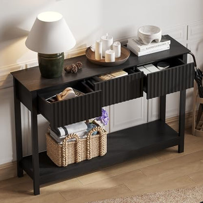 Treocho 47" Fluted Console Table with 3 Drawers and Storage Shelf | Narrow Long Entryway Table,Behind Couch Accent Tables, Entrance Foyer, Hallway, Living Room, Black - color: Black