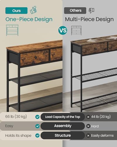SONGMICS Console Table, Narrow Sofa Table with 2 Mesh Shelves | For Entryway, Living Room, 3 Fabric Drawers, Rustic Brown, BELLAH Collection ULGS014K101 - color: Rustic Brown, size: 11.8"D x 44.8"W x 31"H (3 Drawers)