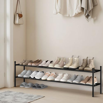 STORAGE MANIAC Long Expandable Shoe Rack, 12 Pairs Metal Wide Stackable Shoe Rack, Adjustable Shoes Shelf, Freestanding Shoes Organizer for Closet, Entryway, Hallway, Garage, Front Door, 2 Tiers - size: 2-tier