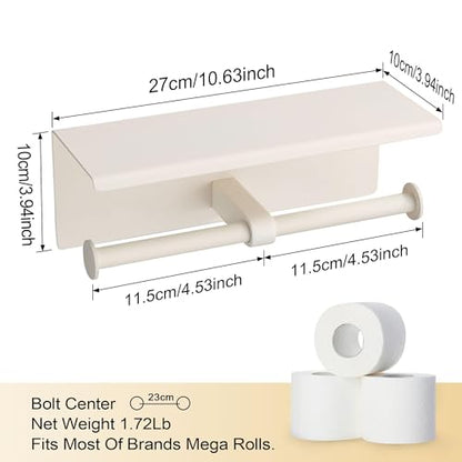 BGL Double Toilet Paper Holder with Shelf White Stainless Steel 304 Wall Mount Double Toilet Roll Holder for Bathroom - color: White