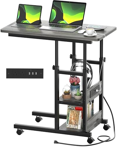Mobile C Shaped End Table with Charging Station for Couch Bed | Height Adjust 25.2-31.8", 2 AC/3 USB, 4 Rolling Lockable Wheels, 2-tier Shelves, Slide Under Sofa, Safe Corner - color: Grey Oak