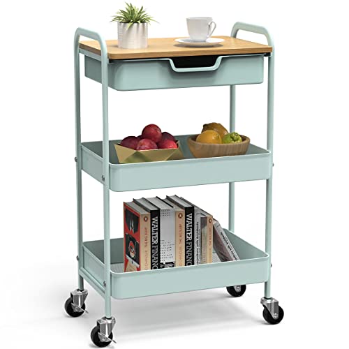 3 Tier Rolling Cart, Utility Cart with Drawer& Table Top, Mint Green | Metal Rolling Kitchen Storage Organizer Cart with Locking Wheels for Bathroom, Office, Balcony, Living Room, Classroom - color: Light Green