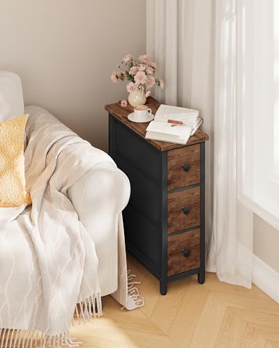 CHOEZON Narrow Side Table with 3 Fabric Drawers, Industrial Slim Bedside Table for Small Spaces, Bedroom, Living Room, Dormitory, Rustic Brown and Black TBZ09BF - color: Rustic Brown + Black