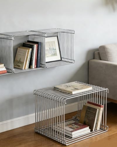 Square Stainless Steel Side Table, Metal End Table with Magazine Rack, Space-Saving Silver Nightstand for Small Spaces, Chrome Side Table with Storage Shelf for Living Room Bedroom Office