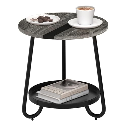 2 Tier Coffee Table in Living Room, Industrial Style Round Coffee Table with Metal Tray, Wood Small Outdoor Coffee Table for Bedroom Balcony Patio, Gray - color: Grey