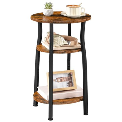 HOOBRO Small Round Side Table, 3-Tier Oval End Table with Storage, Slim Night Stand for Small Spaces, Corner Sofa Table for Living Room, Bedroom, Rustic Brown and Black BF258BZ01