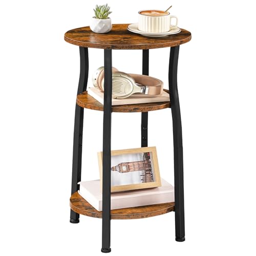 HOOBRO Small Round Side Table, 3-Tier Oval End Table with Storage, Slim Night Stand for Small Spaces, Corner Sofa Table for Living Room, Bedroom, Rustic Brown and Black BF258BZ01
