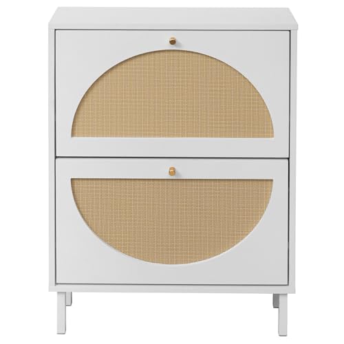 ZeHuoGe Rattan Shoe Cabinet with 2 Flip Drawers, Entrance Hallway Slim Entryway Organizer, White Rack Storage for Heels, Slippers - color: White, style: 2-Drawers