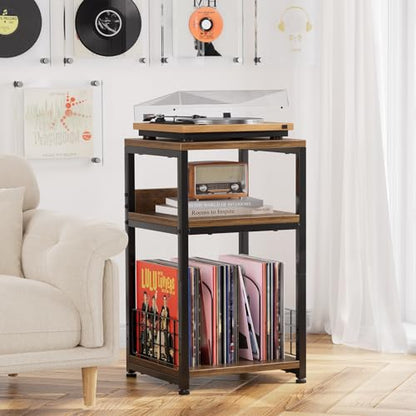 Simple Trending Record Player Stand, 3 Tier End Table Hold Up to 100 Albums, Turntable Stand for Vinyl, Record Shelf for Living Room Bedroom, Rustic Brown - size: Base Model