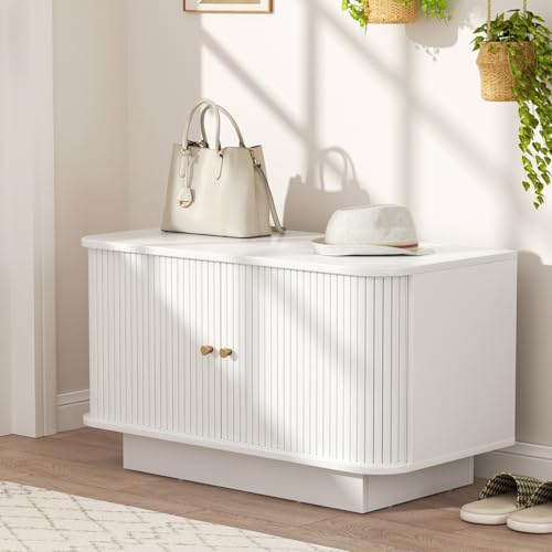 AKMAKM Fluted Entryway Bench with Shoe Storage, 31" W Small Shoe Bench with Sliding Door, Mud Room Benches with Seat, Upholstered Wooden Rack Organization for Living Room, Apartment, Dorm, White - color: White, size: 31 W