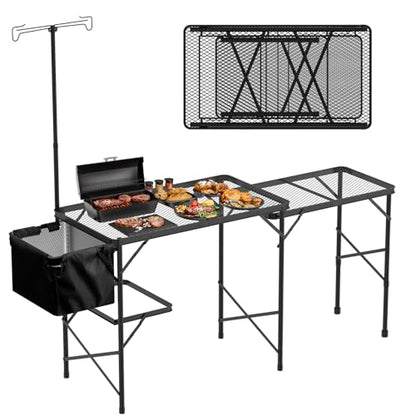 WildFinder Folding Table with Sink and Double Shelf, Camping Table Height Adjustable Folding Grill Table, Portable Outdoor Table for Picnic,Camping,BBQ,Beach,69 x20 x32 Inches(Black) - size: 5.7x2FT(Cooking Station)