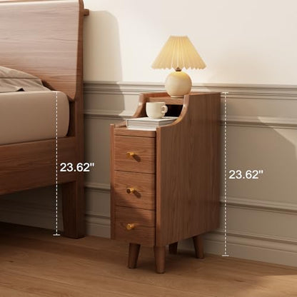 Solid Wood Narrow Nightstand with Drawers,Walnut Nightstand Wood Bedside Table Modern for Bedroom,Study,Toilet - color: Walnut, size: 15.75"D x 7.87"W x 23.62"H(3 Drawers)