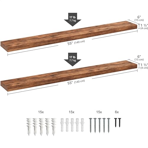 Ballucci Floating Shelves, 55" Wood Wall Shelf Set of 2, with Invisible Brackets for Bathroom, Living Room, Bedroom, Kitchen, Nursery, 6" Deep, Rustic Brown - color: Rustic Brown, size: 55.1 inches
