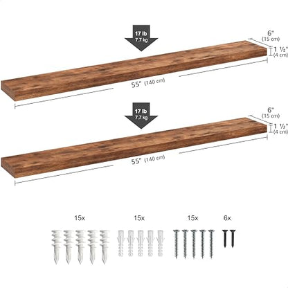 Ballucci Floating Shelves, 55" Wood Wall Shelf Set of 2, with Invisible Brackets for Bathroom, Living Room, Bedroom, Kitchen, Nursery, 6" Deep, Rustic Brown - color: Rustic Brown, size: 55.1 inches