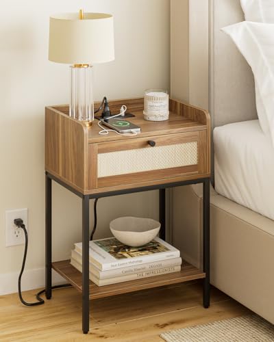 Nightstand with Charging Station,3-Tier Bedside Table for Small Space,Modern Night Stand with Storage Drawer and Shelf,Small Side Table for Bedroom,Living Room,Walnut Brown - color: Walnut With Charging Station
