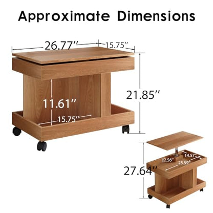 Multifunctional End Table with Wheels and 360° Rotating Desktop | Rolling Design, Storage Compartment, Sofa Side Narrow Table, Bedside Use, Living Room & Bedroom - color: Natural-7.15