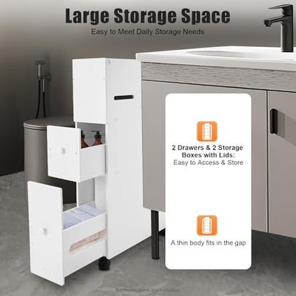 PERFERATE Slim Bathroom Storage Cabinet with Toilet Paper Holder - Narrow Slide Out Drawers Rolling Cart Organizer for Small Space for Bathroom Small Space, Toilet Corner Storage