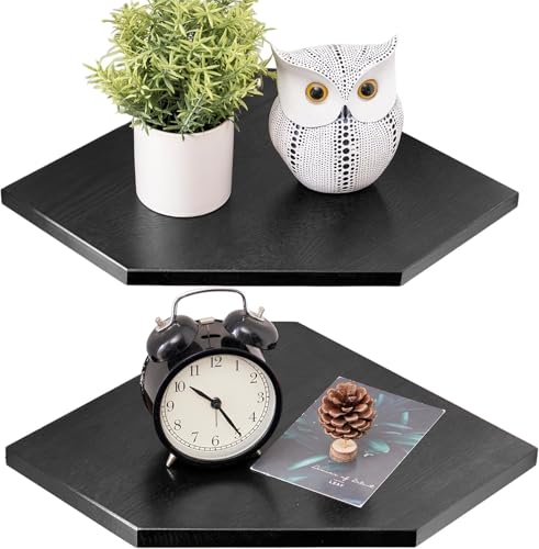 Corner Shelf Wall Mount, Set of 2 Solid Oak Wood Floating Corner Shelves with Wire Hole Display Shelf with Wire Hole Small Plant Display for Kitchen Living Room Bedroom Black - color: Black,oak, size: 8.5inch(2PCS)