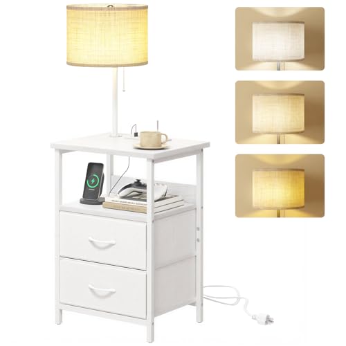 Fixwal Night Stand with 3 Color Temperature Bulb Attached, Nightstand with Light & Charging Station End Table with Fabric Drawer for Bedroom, Dorm, White - color: White, size: 23.6"H (2 drawers), style: Power+Lamp (1pc)