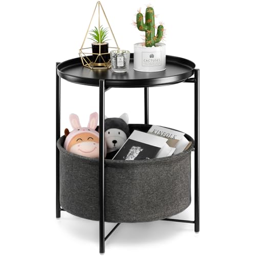 danpinera Black Small Round Side Table with Storage Basket, Removable Tray | Metal Bedside Table for Small Space, Living Room, Nursery, Metal Accent Stand with Removable Tray, Coffee Nightstand, Black - color: Ink Black