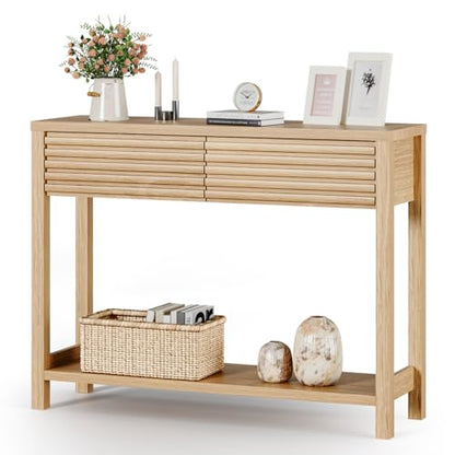 EAG 40" Fluted Console Table with 2 Drawers, Modern Wood 2 Tier Entryway Table with Storage Shelf, Narrow Sofa Tables Behind Couch for Entrance Foyer, Hallway, Living Room, Natural - color: Natural