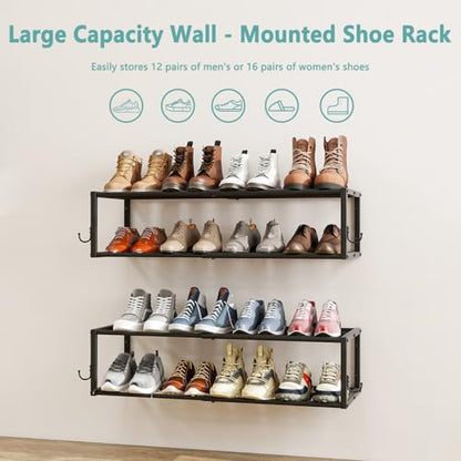 2 Pack 2-Tier Hanging Wall Mounted Shoe Rack, Space Saving Metal Expandable Shoe Rack Holds 12 Pairs, 16“-29” Adjustable Shoe Rack with 4 Hooks, Shoe Rack for Entryway Closet Door - size: 29.72" W x 11" L x 7.68" H