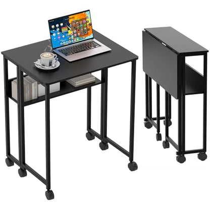 Folding Desk Small Rolling Desk with Storage Shelf,24.8 Inch Foldable Computer Table with Wheels,Portable Office Desk for Small Space Sofa Table,Easy to Fold,Writing Work Office Computer Desk,Black