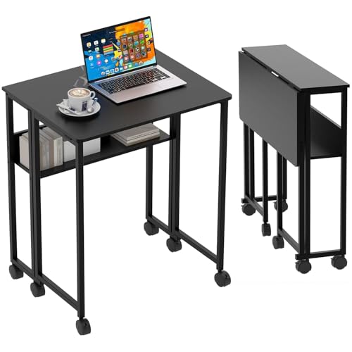 Folding Desk Small Rolling Desk with Storage Shelf,24.8 Inch Foldable Computer Table with Wheels,Portable Office Desk for Small Space Sofa Table,Easy to Fold,Writing Work Office Computer Desk,Black