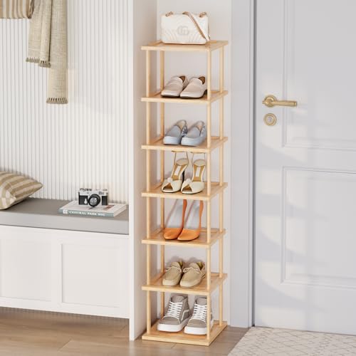 Vertical Tall Shoe Rack For Entryway - Tall 7 Tier Free Standing Slim Narrow Bamboo Wood Shoe Boots Storage Shelf Small Spaces For Garage Closet Doorway Garage Living Room Storage for Kitchen Bathroom - color: Nature, size: 7 Tier