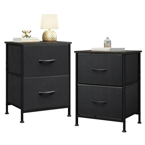 WLIVE Black Nightstand Set of 2, Night Stand with 2 Fabric Drawers, Small Dresser for Bedroom, Bedside Tables for Small Spaces, Dorm, Wood Top - color: Black (Set of 2), size: 11.8"D x 15.7"W x 20.9"H