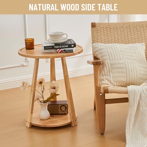 Uniclinens Wood Round End Table - Small Round Side Table with Lower Shelf for Living Room Sofa Couch, Bedroom Wooden Nightstand, Walnut - color: Natural, style: Style 7