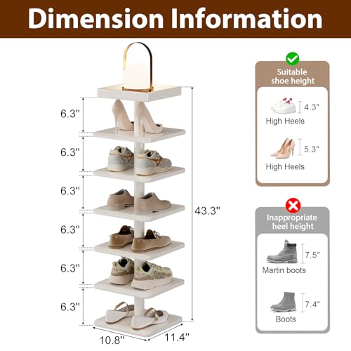 6-Tier Vertical Shoe Rack, Narrow Shoe Tower for Small Space - color: White, size: 11.4"D×10.8”W×43.3"H